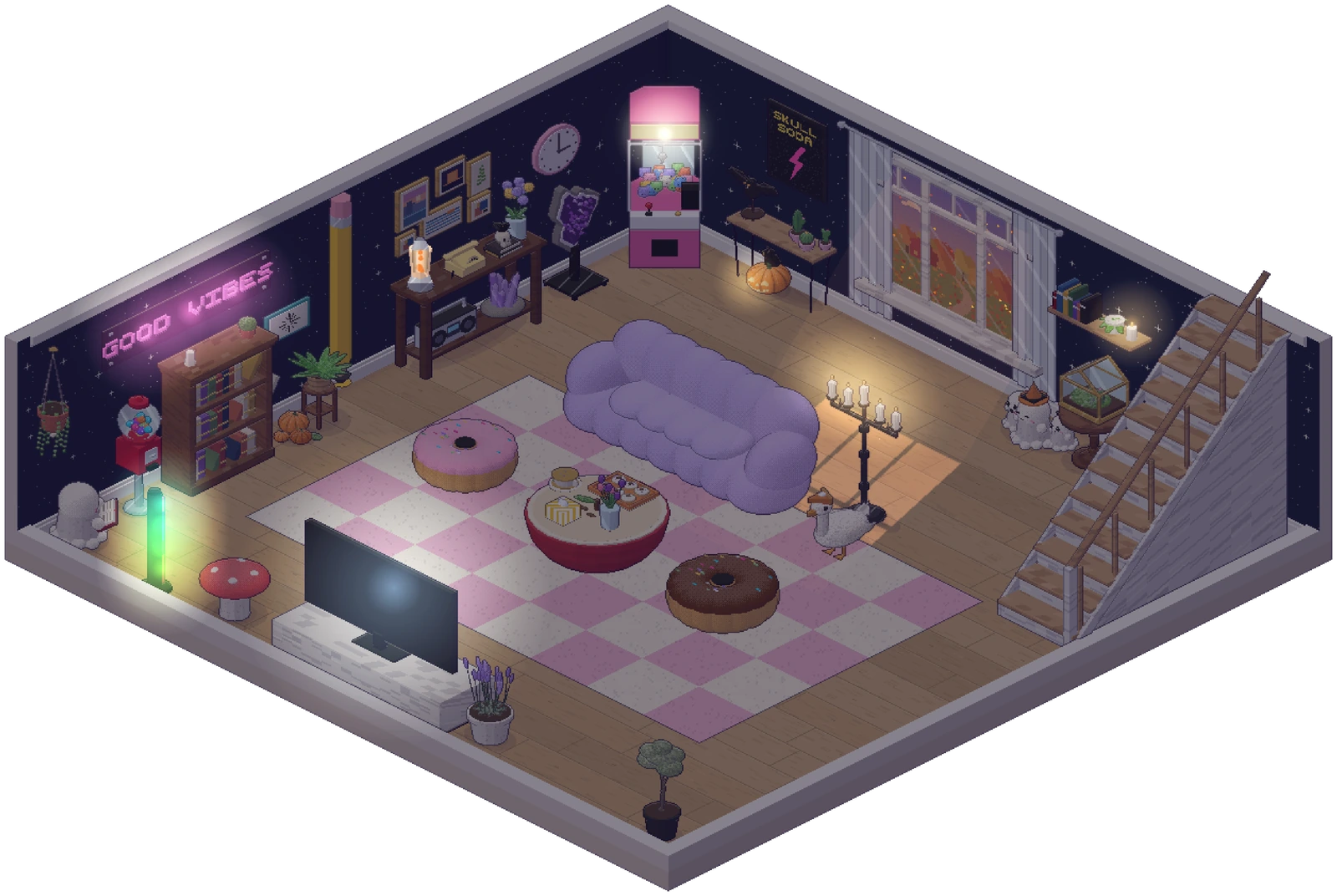 KittyKad's Vibe Room built in ComfyPix: a cozy pixel-art lounge with a Good Vibes neon sign, lava lamps, a purple cloud sofa, donut poufs and a staircase